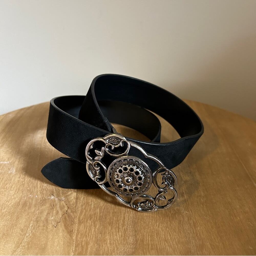 Black Suede Genuine Leather Silver Ornate Rhinestone Buckle Belt Size Medium